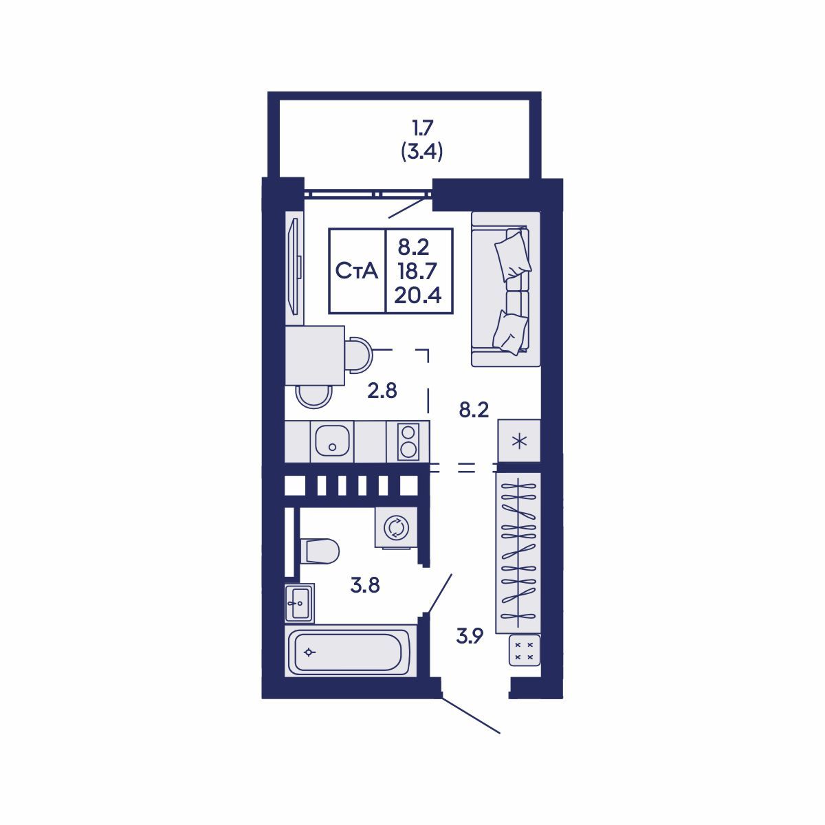 Студия, 20.4 м², № 815 в GORIZONT (Горизонт)