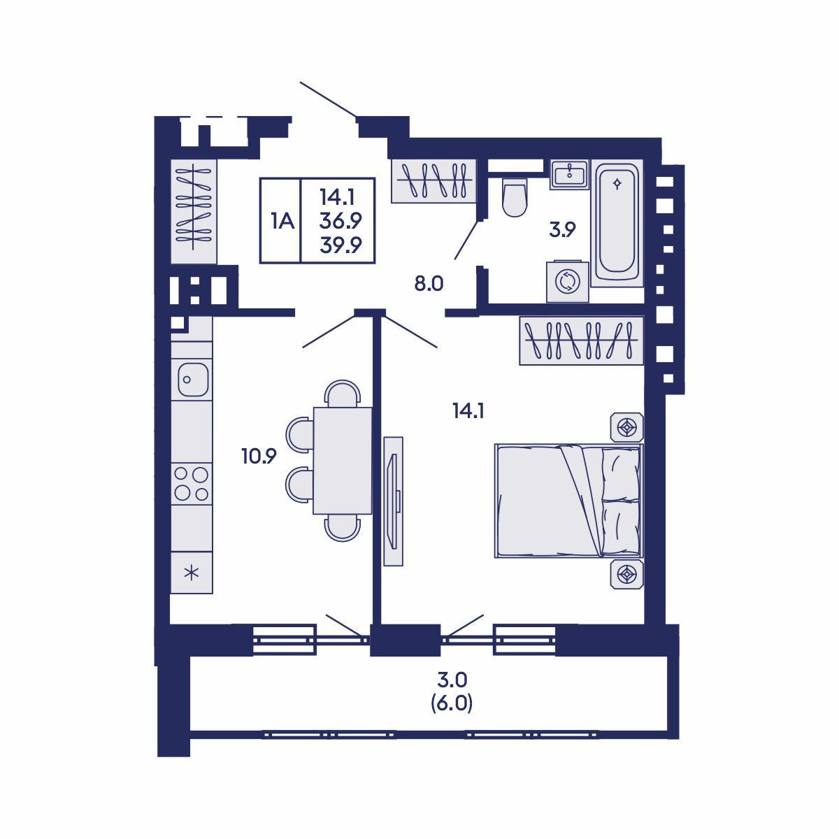 1-комнатная, 39.9 м², № 819 в GORIZONT (Горизонт)