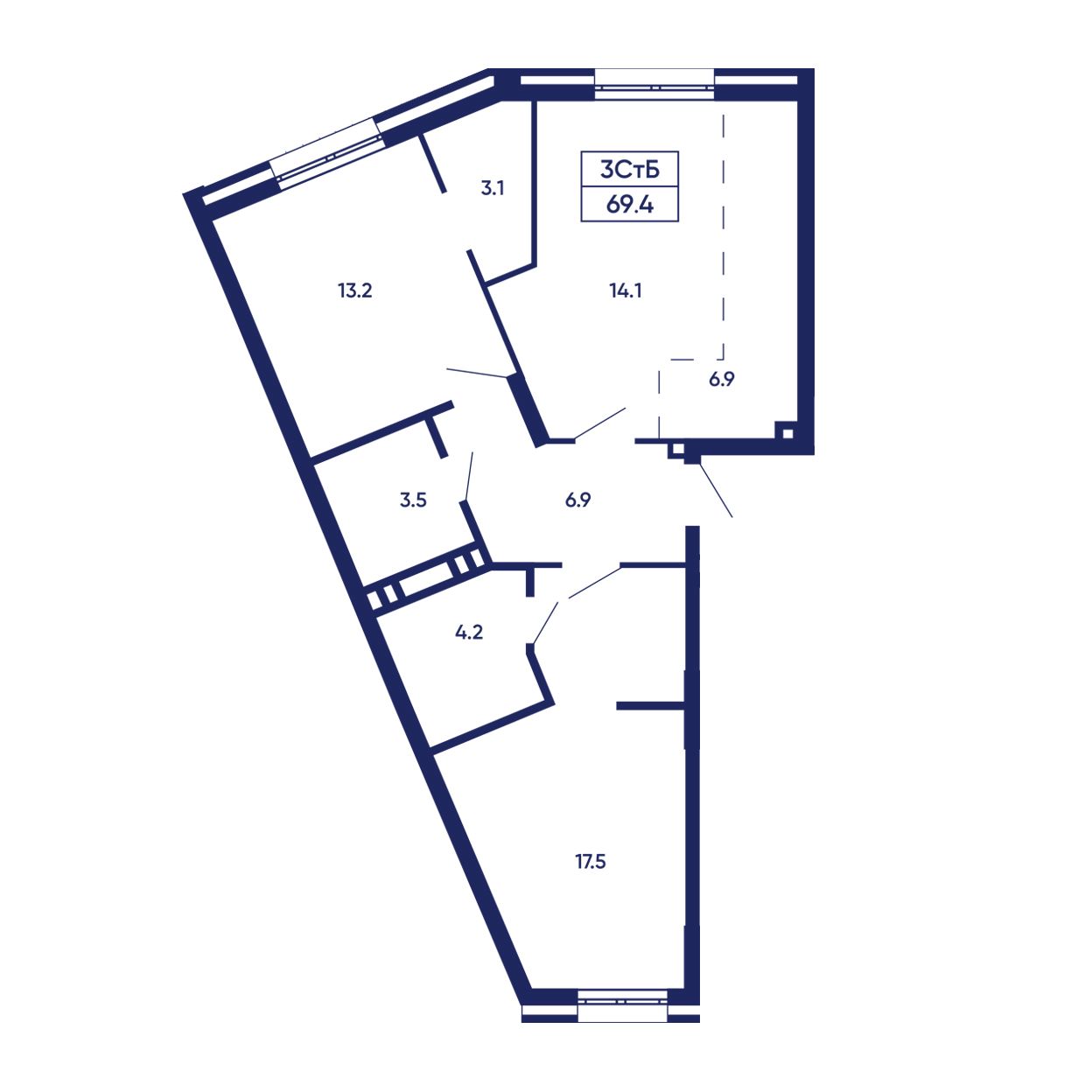 3-комнатная, 69.4 м², № 508 в GORIZONT (Горизонт)