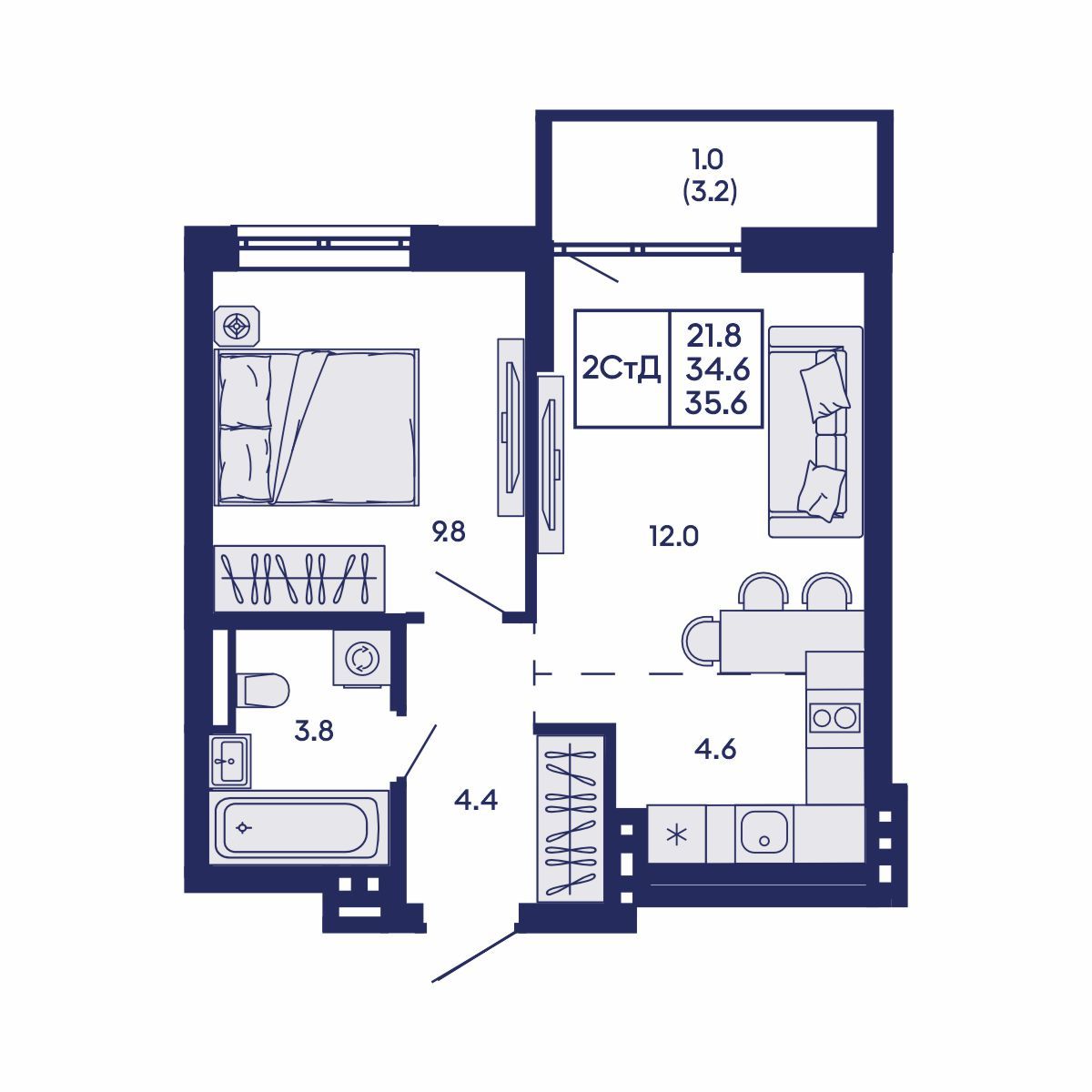 2-комнатная, 35.6 м², № 745 в GORIZONT (Горизонт)