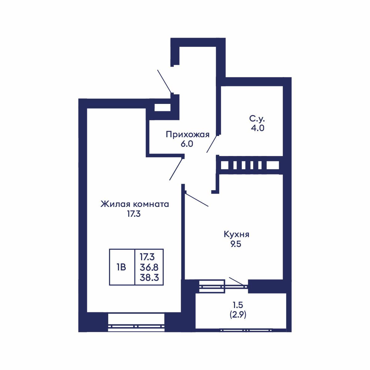 1-комнатная, 38.3 м², № 711 в GORIZONT (Горизонт)