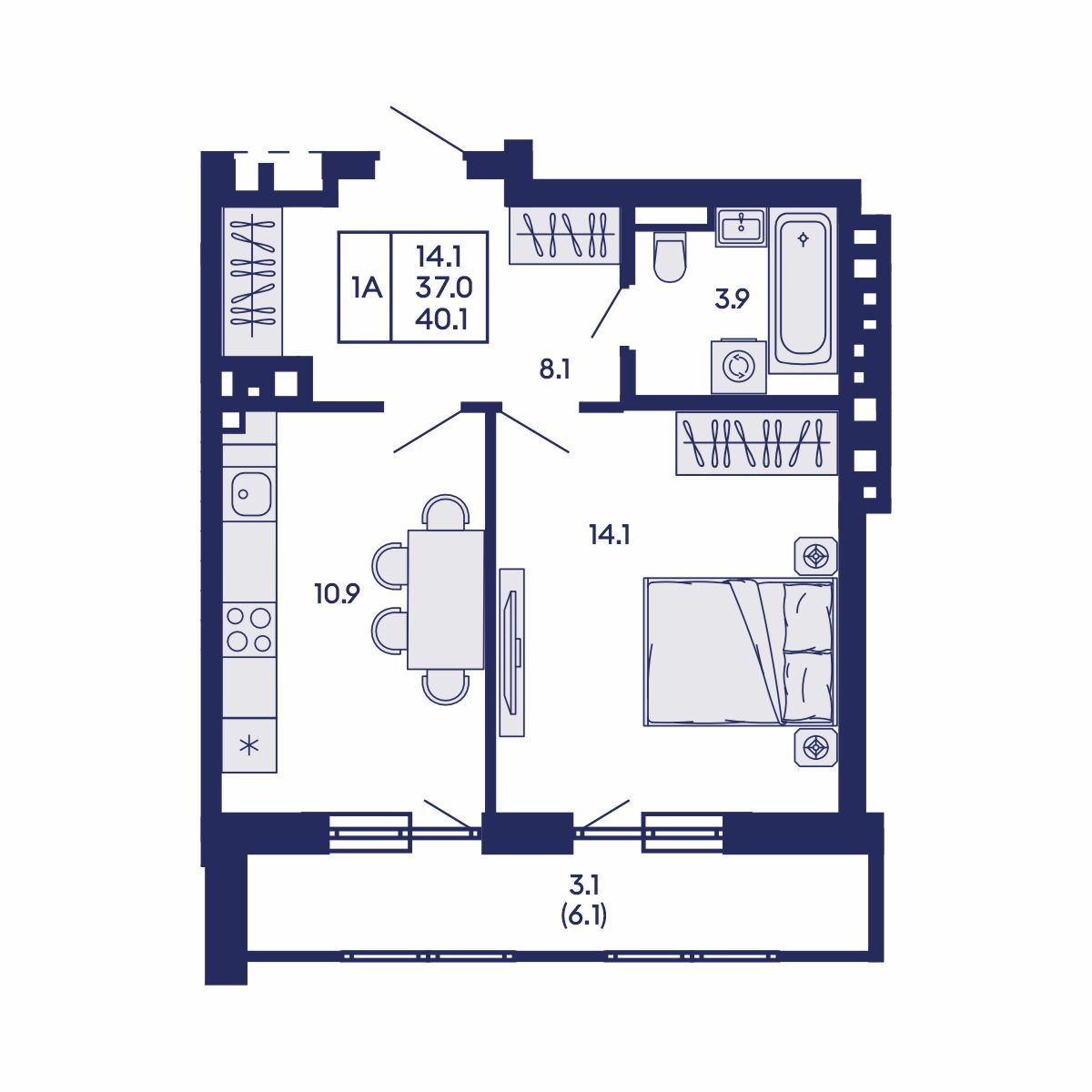 1-комнатная, 40.1 м², № 792 в GORIZONT (Горизонт)