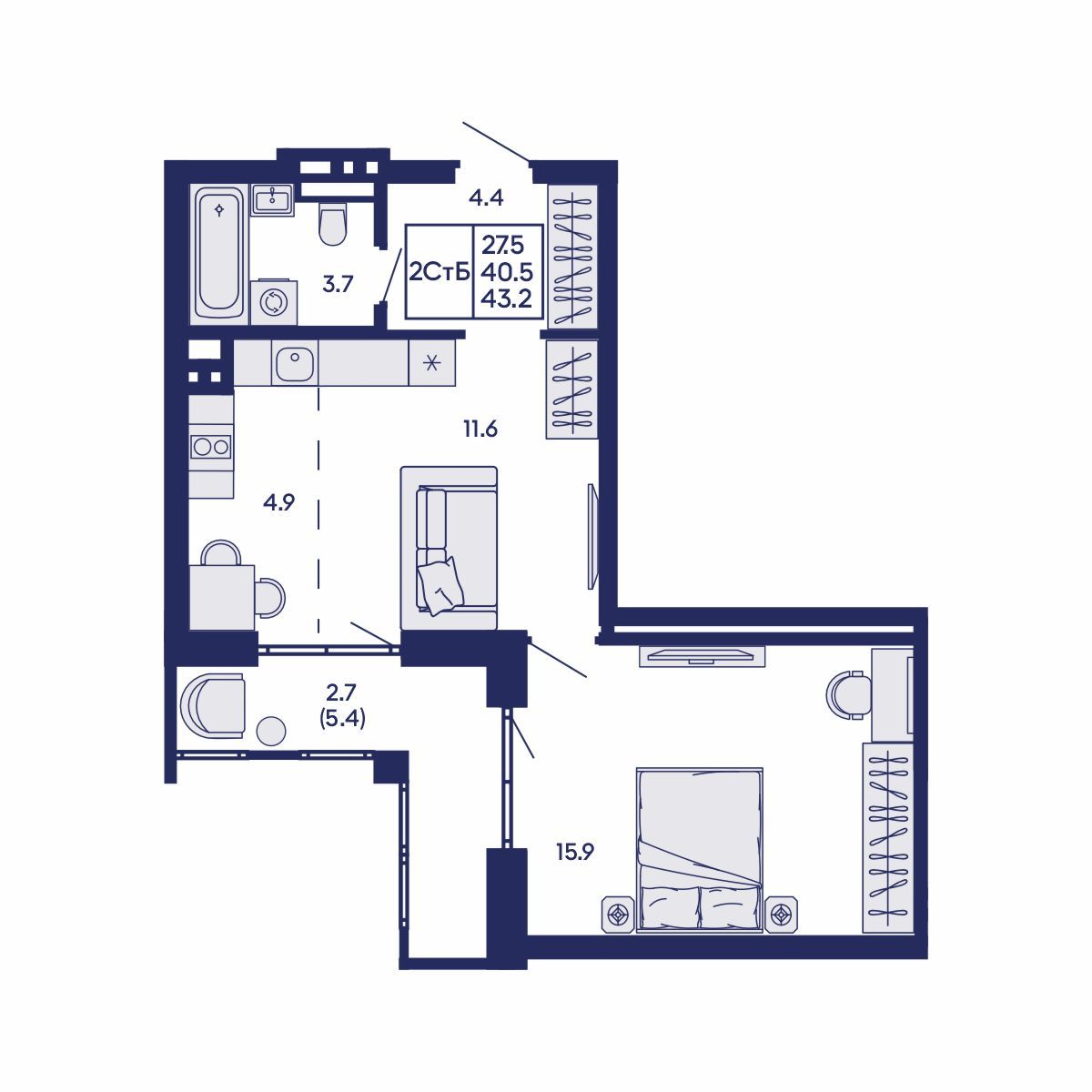 2-комнатная, 43.2 м², № 920 в GORIZONT (Горизонт)