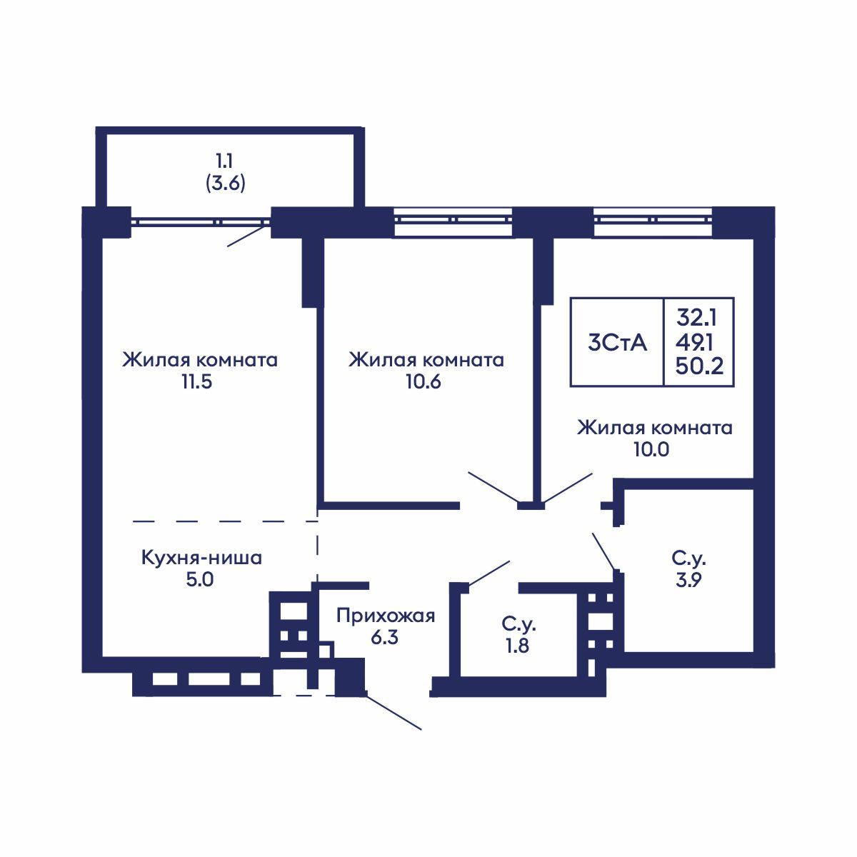 3-комнатная, 50.2 м², № 832 в GORIZONT (Горизонт)