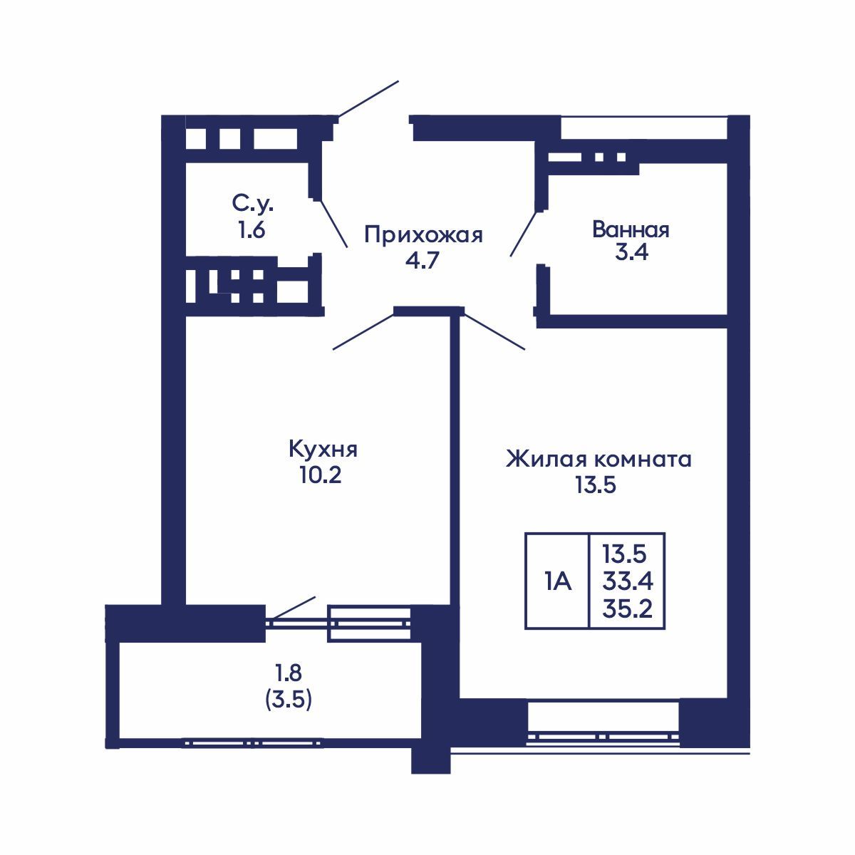 1-комнатная, 35.2 м², № 703 в GORIZONT (Горизонт)