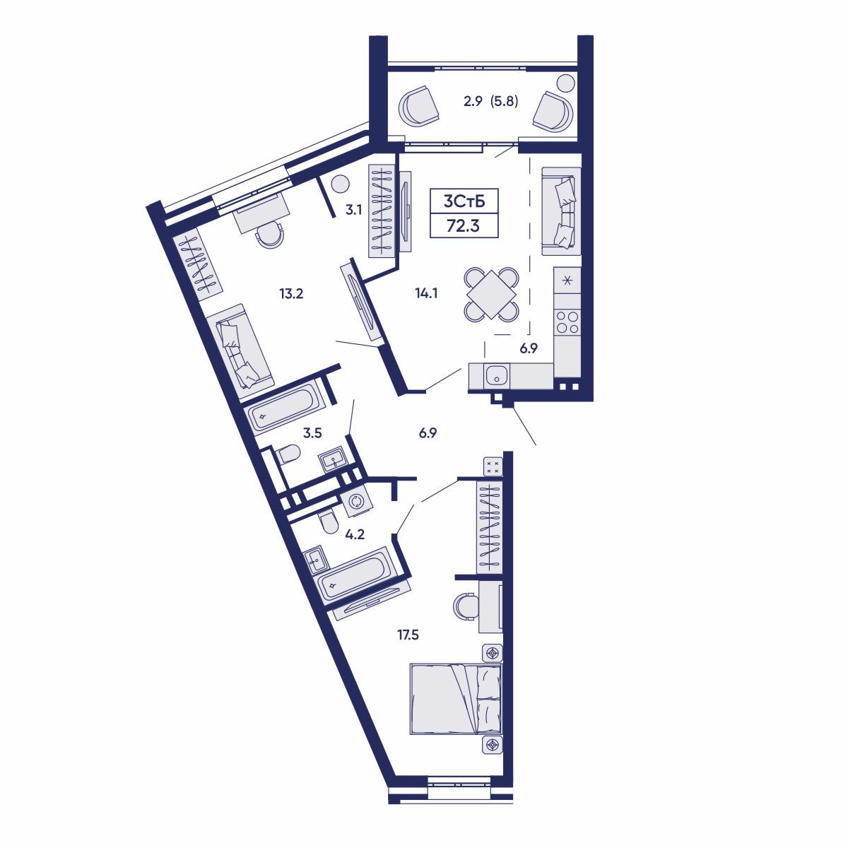 3-комнатная, 72.2 м², № 512 в GORIZONT (Горизонт)