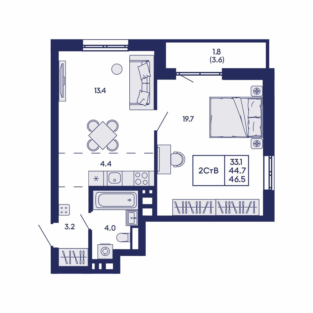 Студия, 46.5 м², № 839 в GORIZONT (Горизонт)