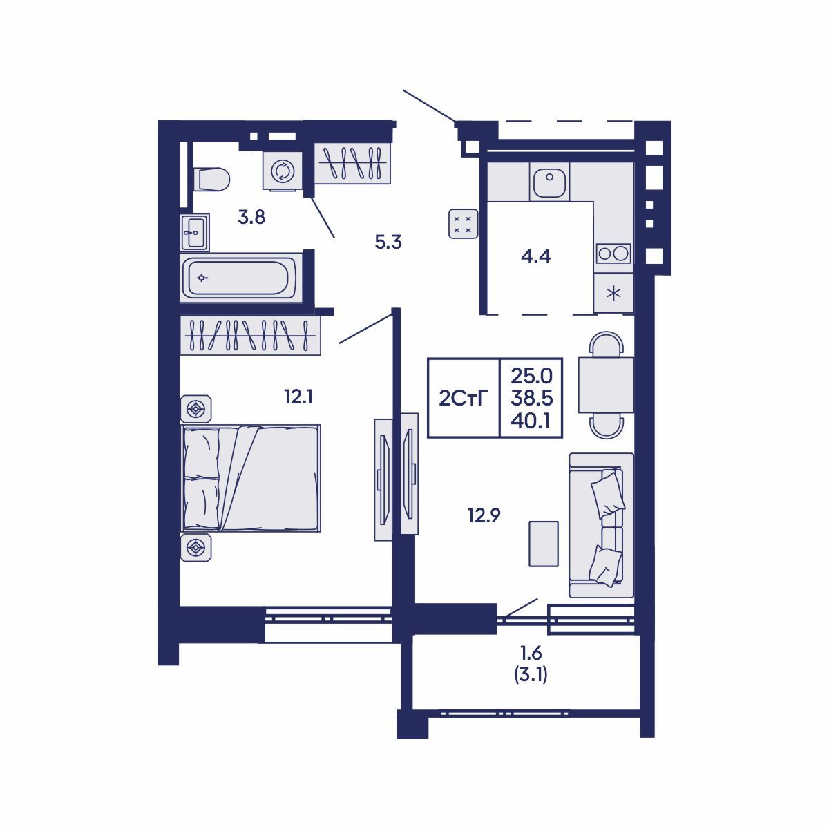 2-комнатная, 40.1 м², № 702 в GORIZONT (Горизонт)