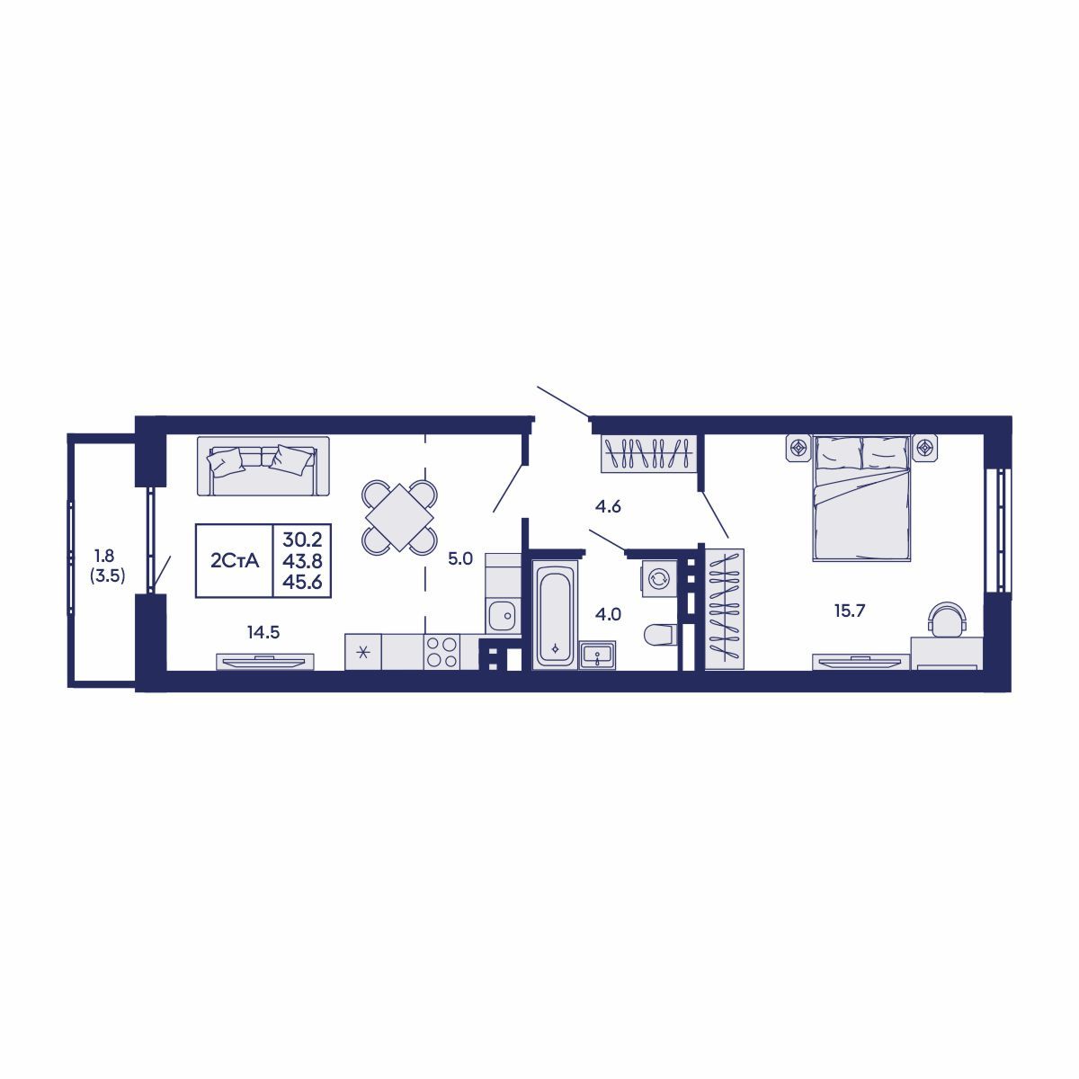 2-комнатная, 45.6 м², № 905 в GORIZONT (Горизонт)