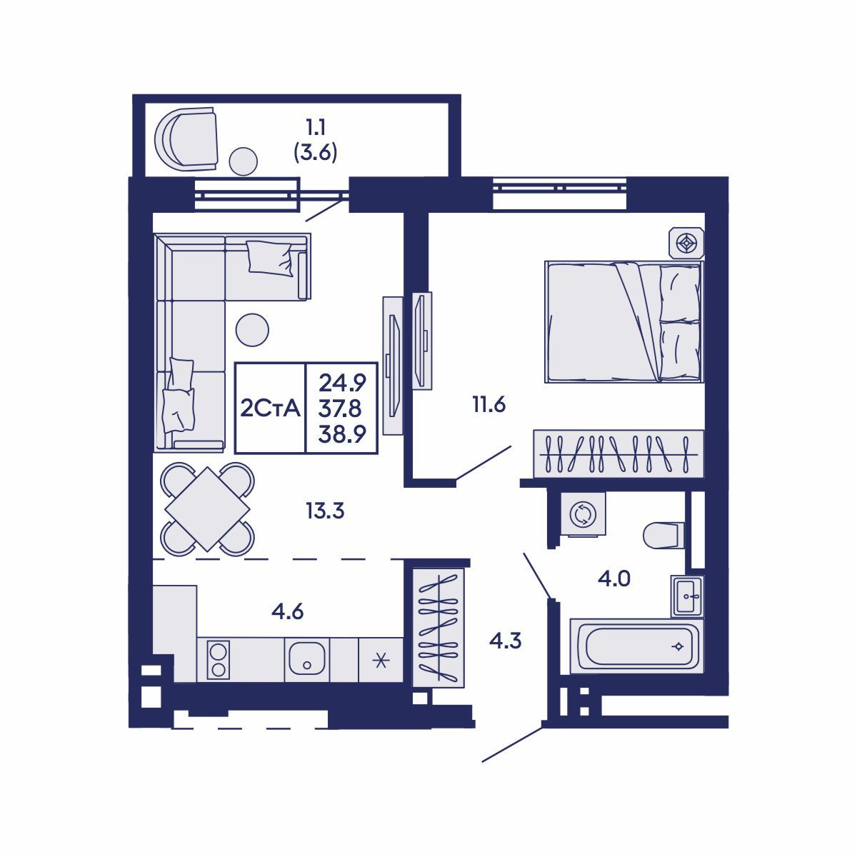 2-комнатная, 38.9 м², № 673 в GORIZONT (Горизонт)