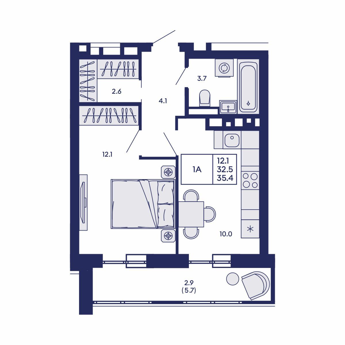 1-комнатная, 35.4 м², № 555 в GORIZONT (Горизонт)