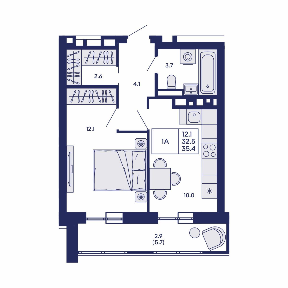 1-комнатная, 35.4 м², № 551 в GORIZONT (Горизонт)