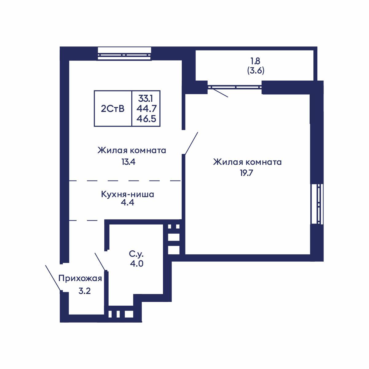 Студия, 46.5 м², № 916 в GORIZONT (Горизонт)