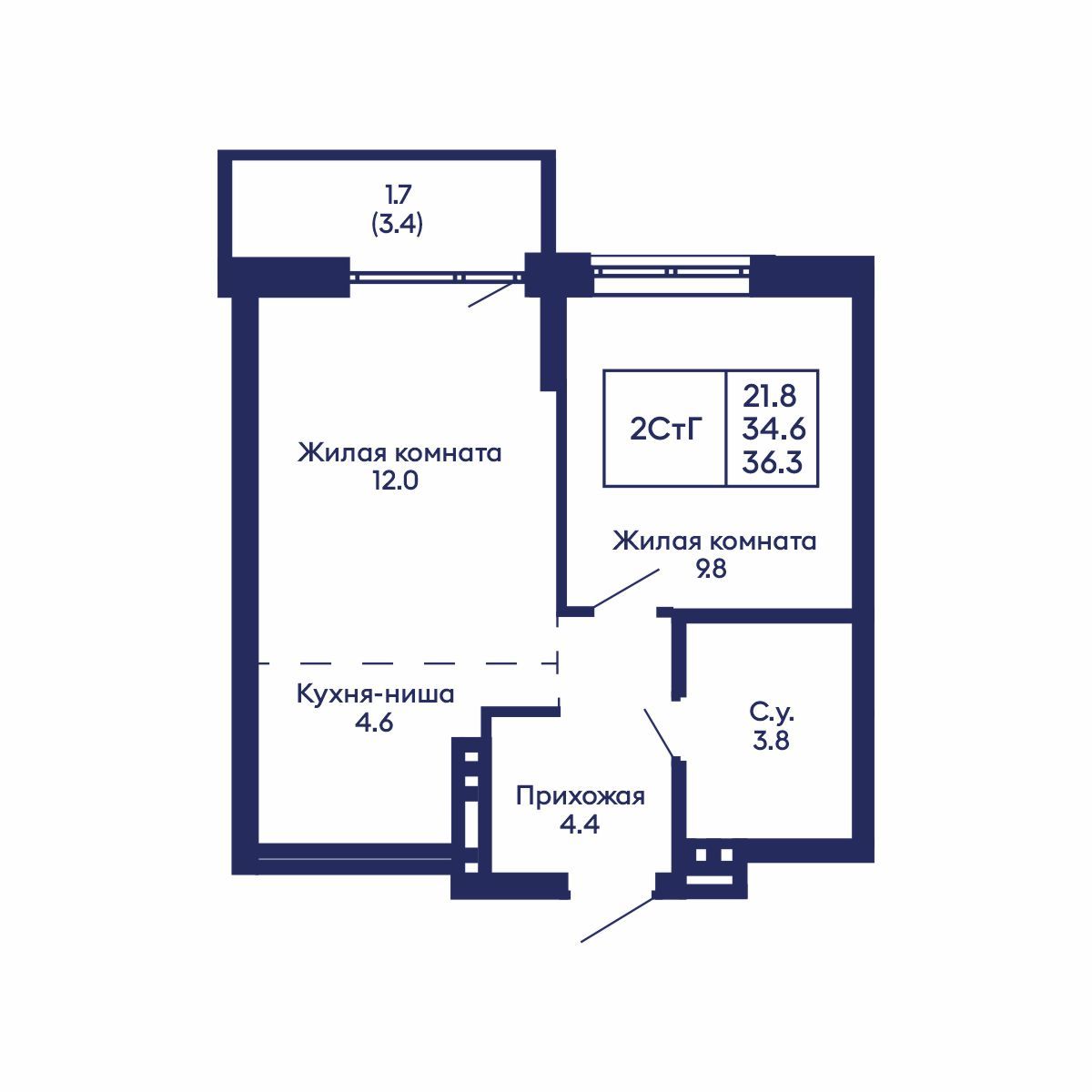 2-комнатная, 36.3 м², № 834 в GORIZONT (Горизонт)