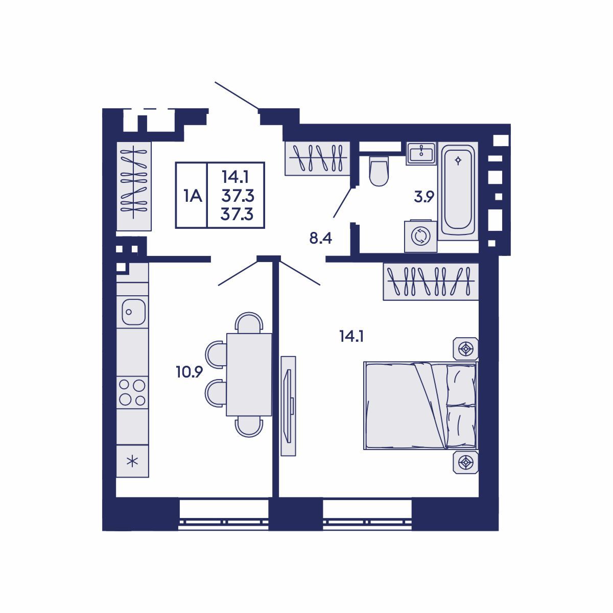 1-комнатная, 37.3 м², № 720 в GORIZONT (Горизонт)