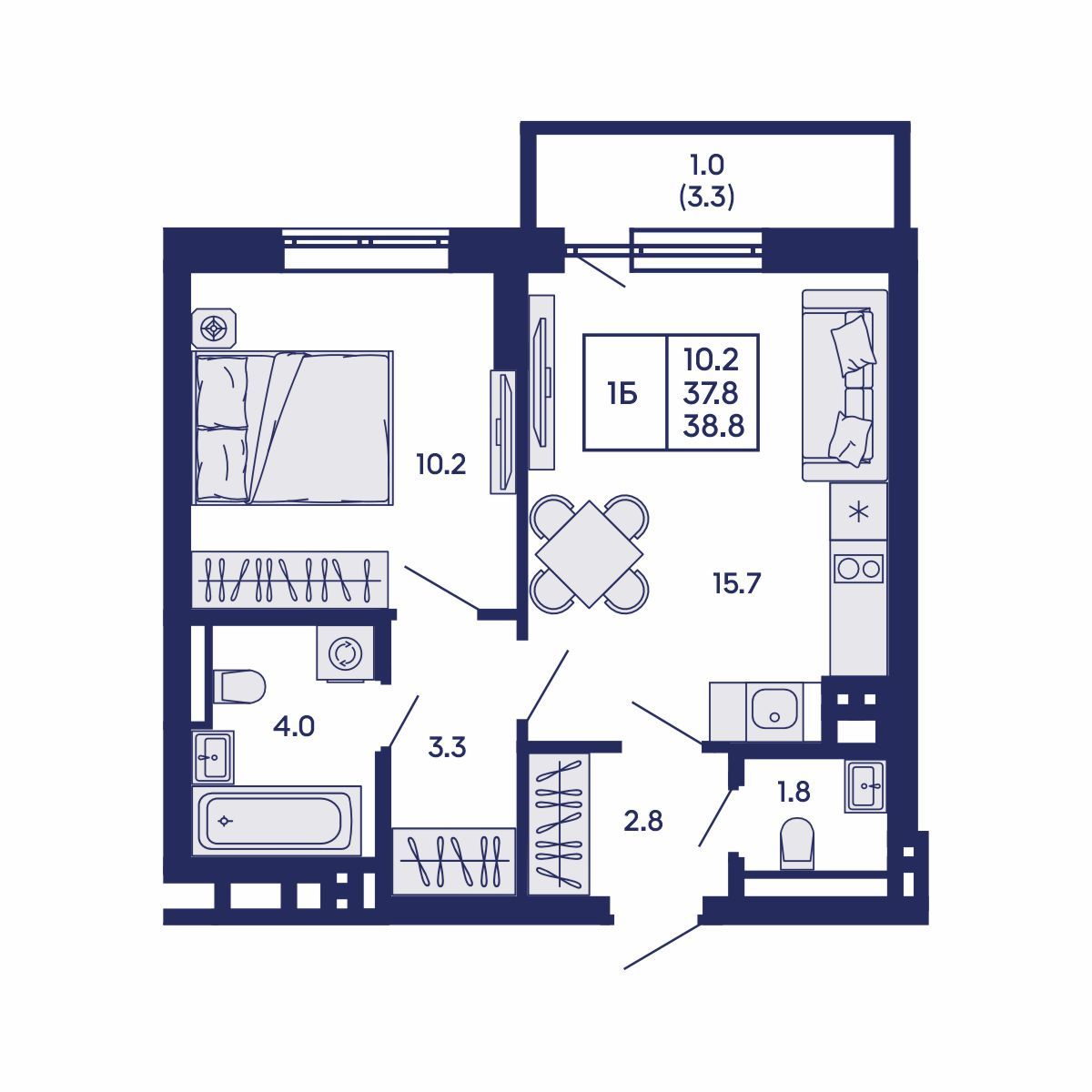 1-комнатная, 38.8 м², № 676 в GORIZONT (Горизонт)