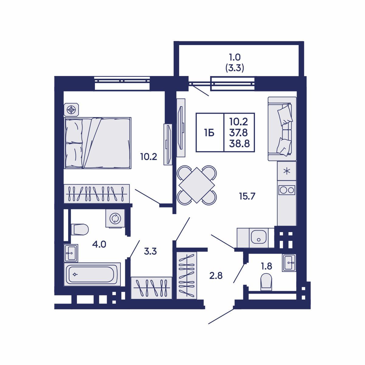 1-комнатная, 38.8 м², № 599 в GORIZONT (Горизонт)
