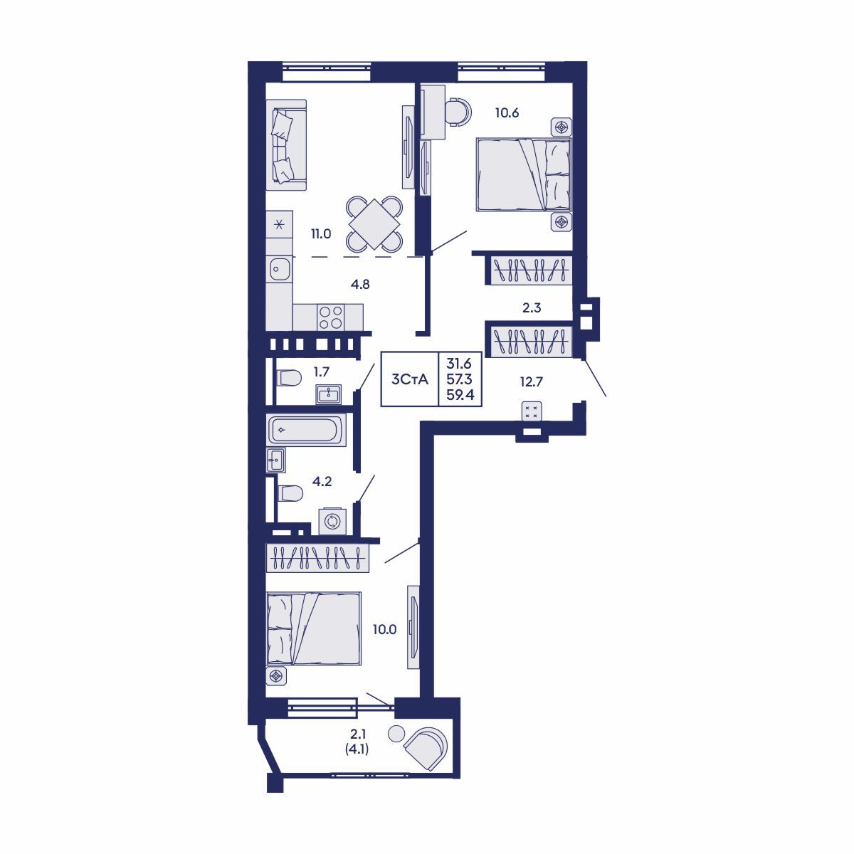 3-комнатная, 59.4 м², № 672 в GORIZONT (Горизонт)