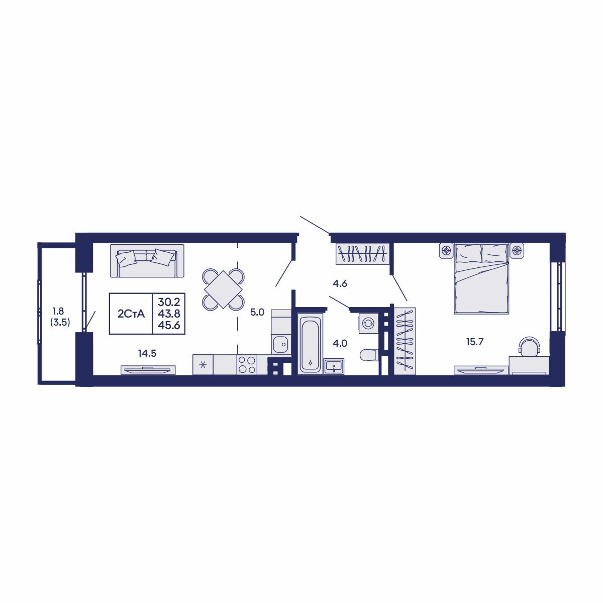 2-комнатная, 45.6 м², № 919 в GORIZONT (Горизонт)