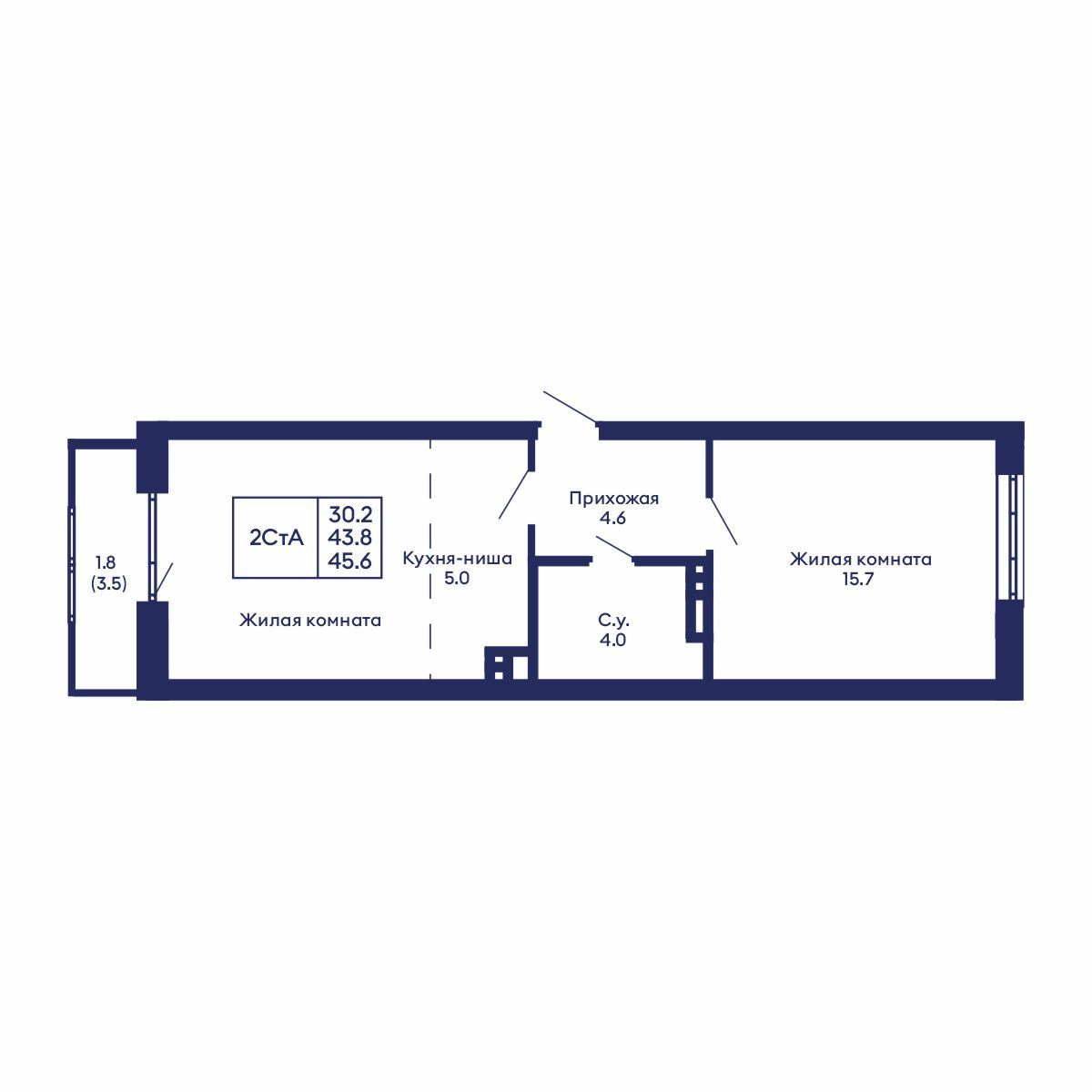 2-комнатная, 45.6 м², № 926 в GORIZONT (Горизонт)