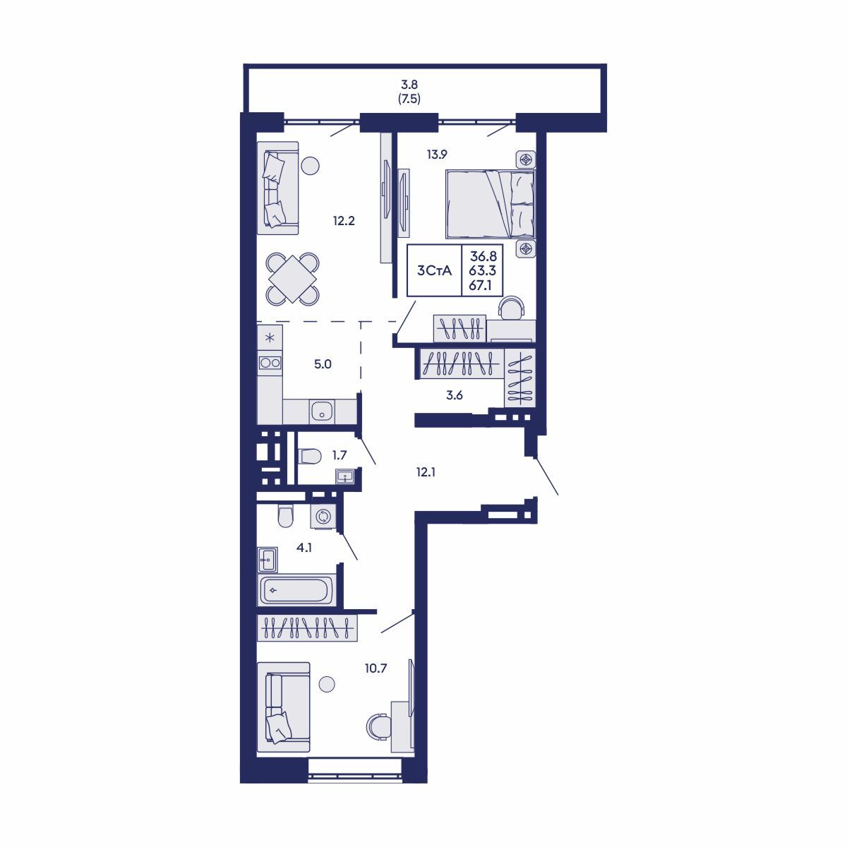 3-комнатная, 67.1 м², № 907 в GORIZONT (Горизонт)