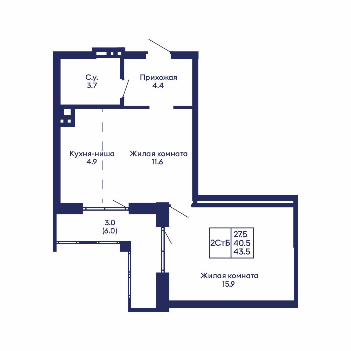 2-комнатная, 43.5 м², № 892 в GORIZONT (Горизонт)