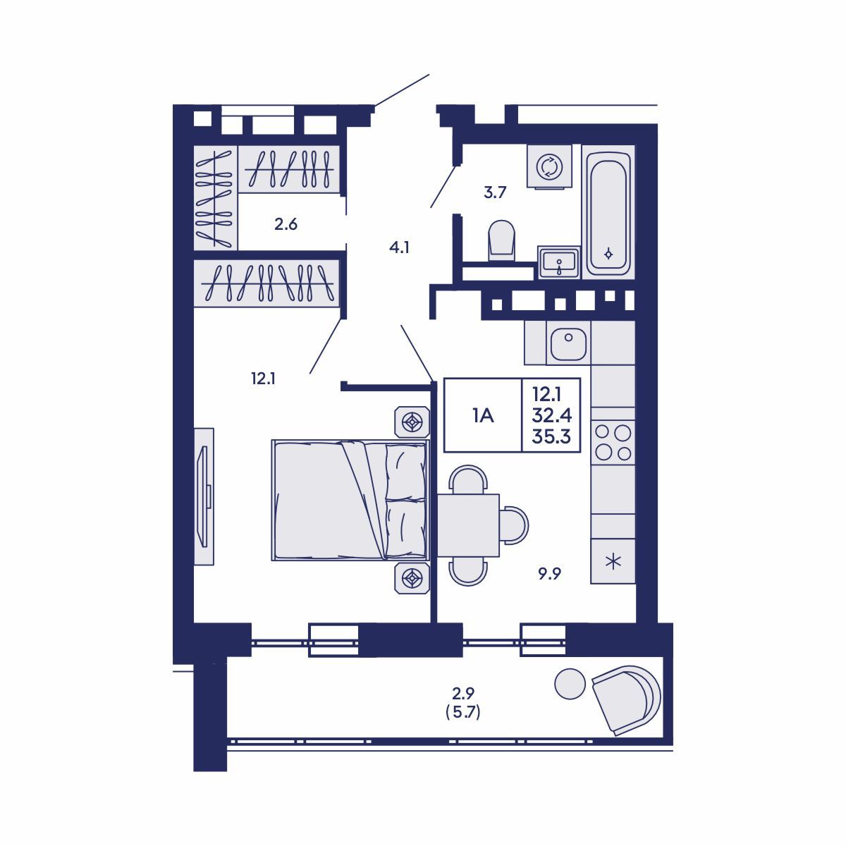 1-комнатная, 35.3 м², № 559 в GORIZONT (Горизонт)