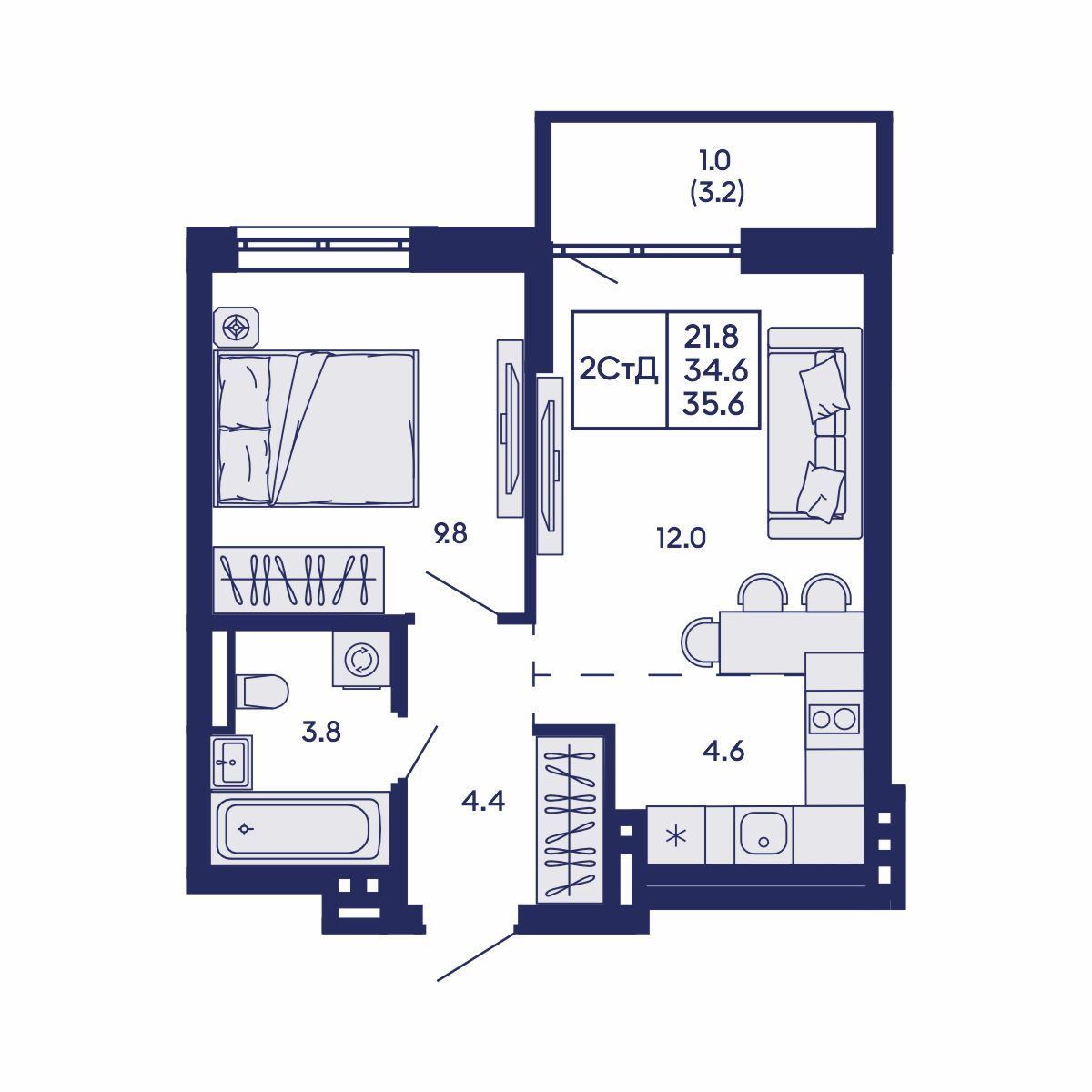 2-комнатная, 35.6 м², № 763 в GORIZONT (Горизонт)