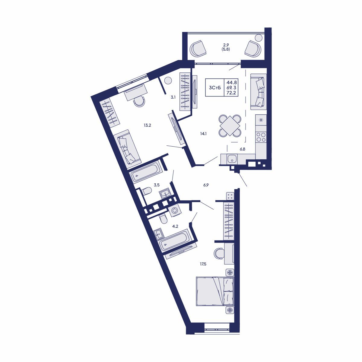 3-комнатная, 72.2 м², № 552 в GORIZONT (Горизонт)