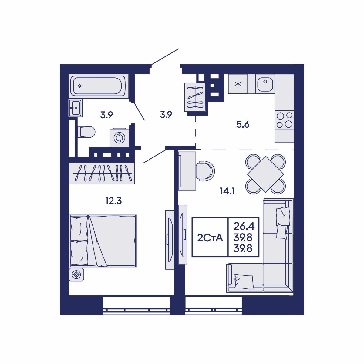 2-комнатная, 39.8 м², № 714 в GORIZONT (Горизонт)