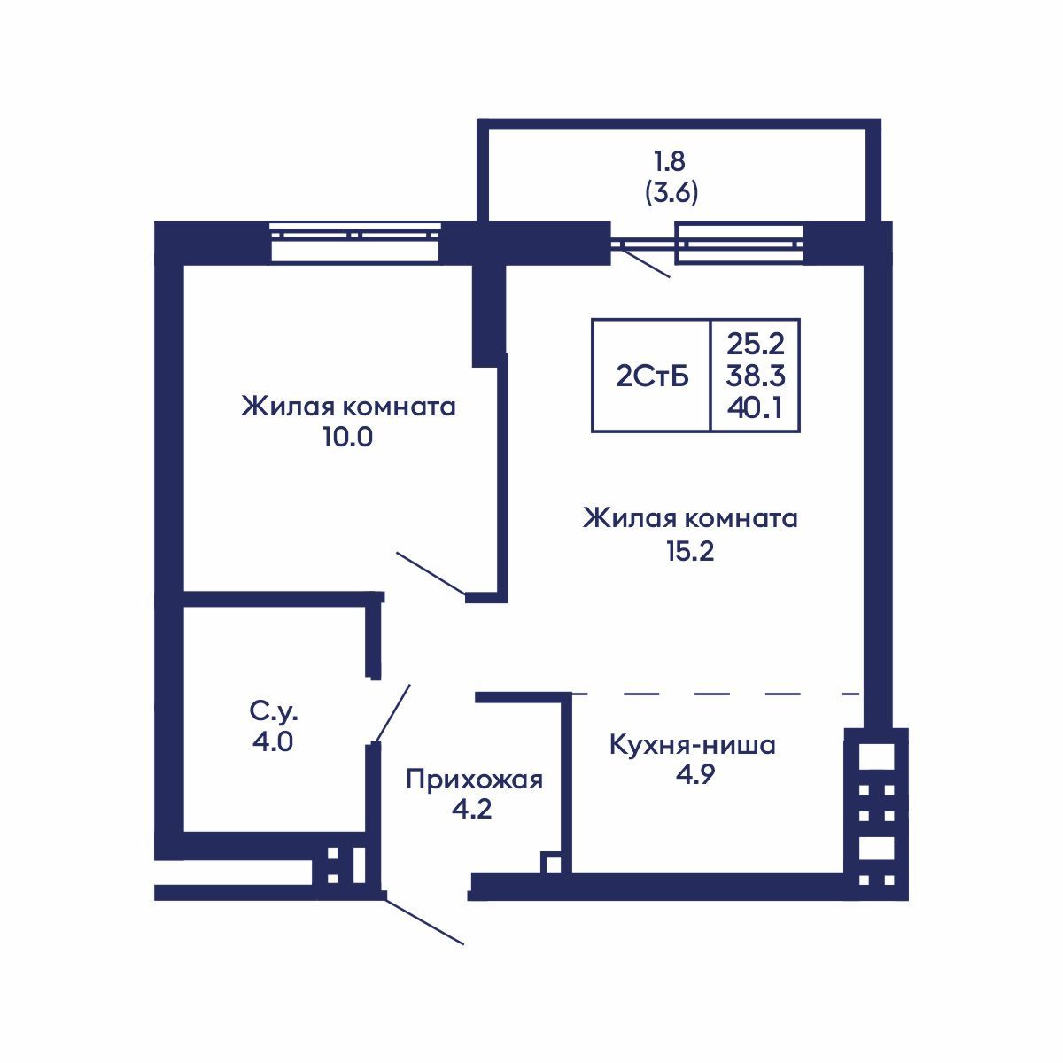 2-комнатная, 40.1 м², № 685 в GORIZONT (Горизонт)