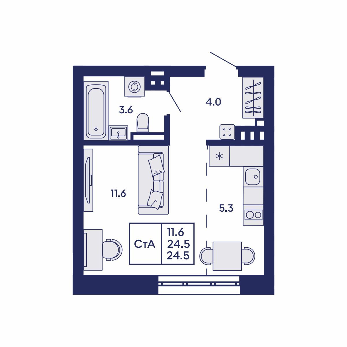 Студия, 24.5 м², № 562 в GORIZONT (Горизонт)
