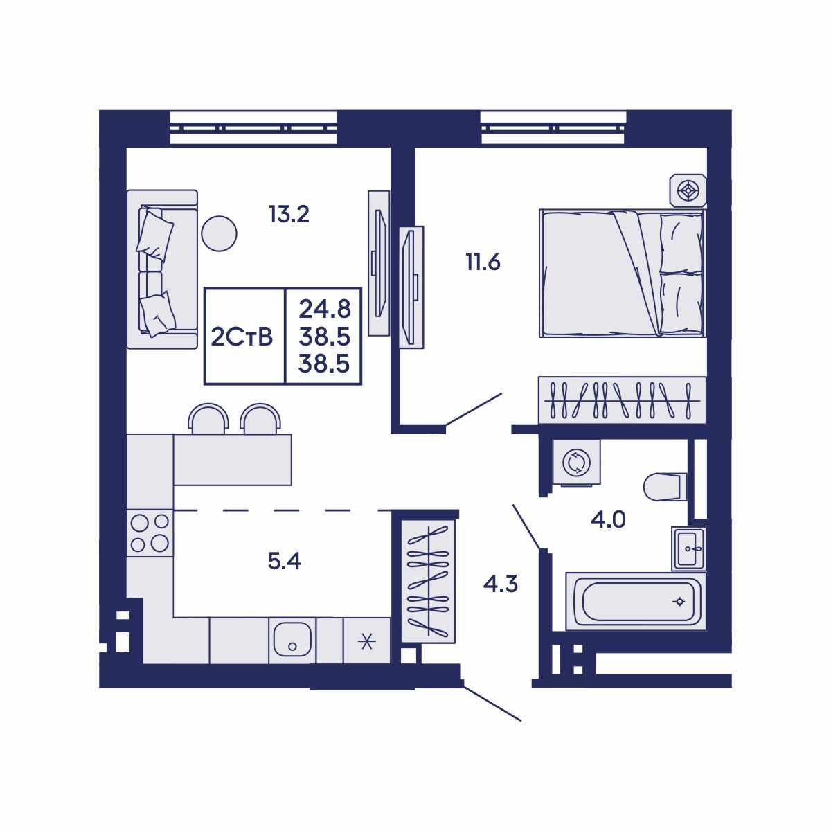 2-комнатная, 38.5 м², № 565 в GORIZONT (Горизонт)
