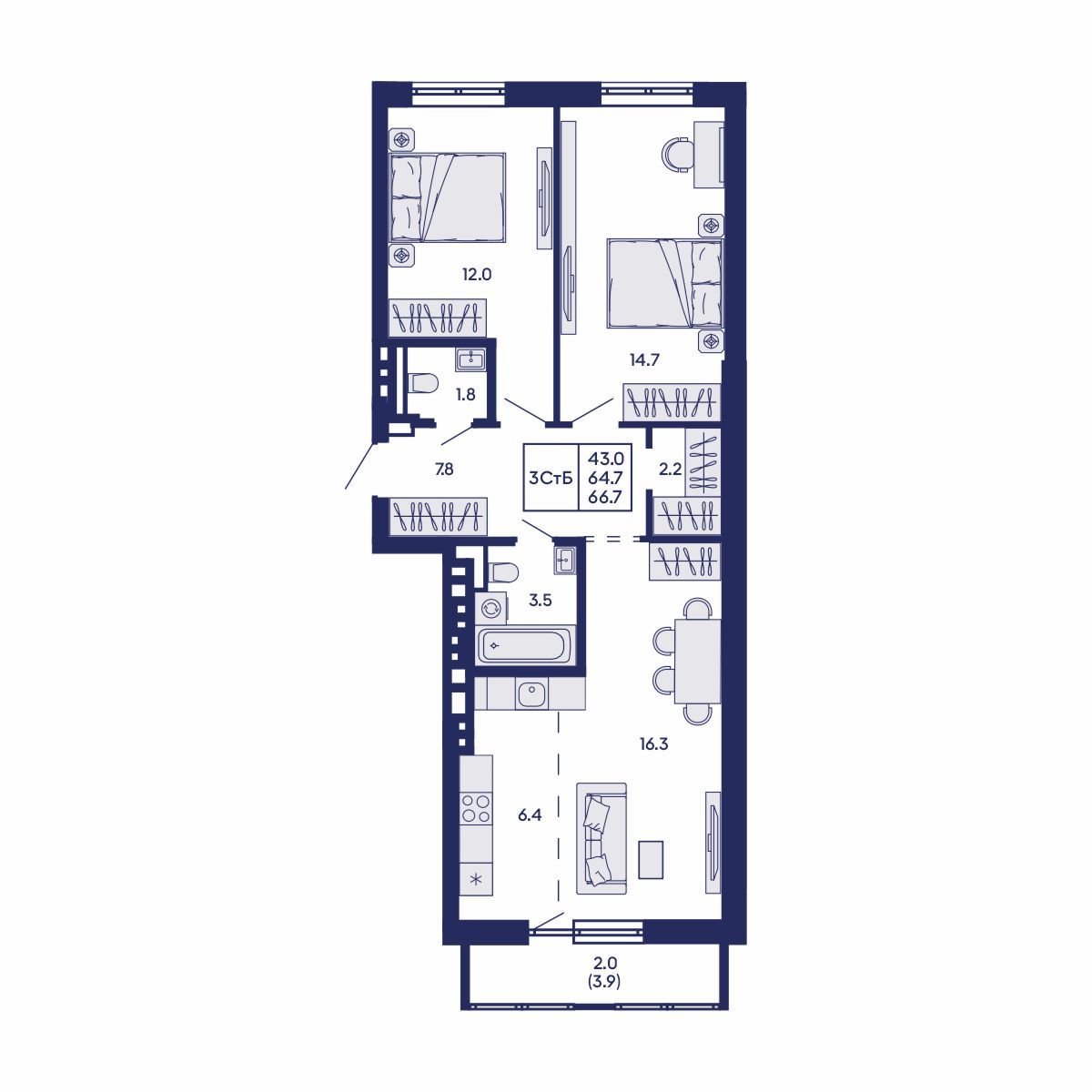 3-комнатная, 66.7 м², № 836 в GORIZONT (Горизонт)
