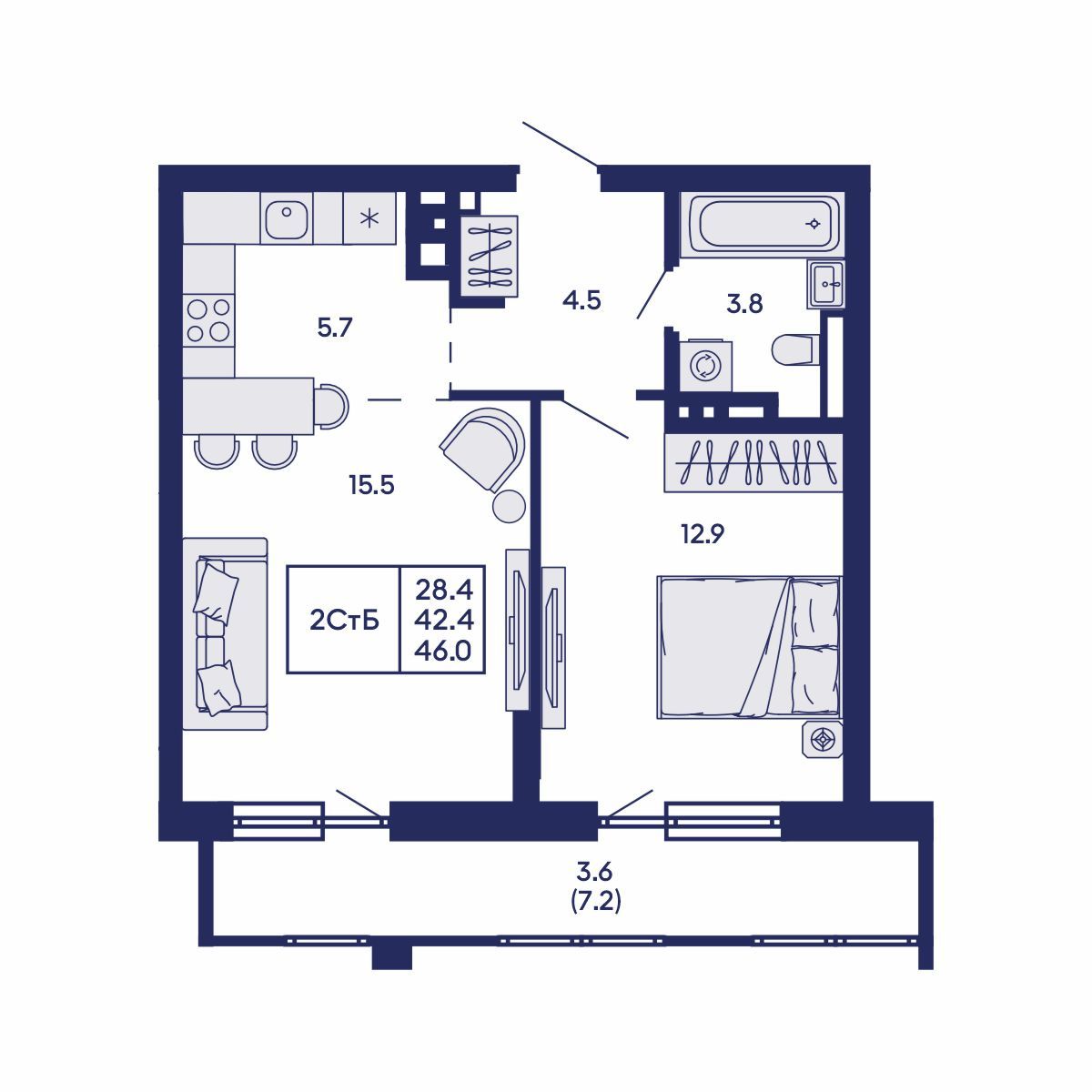 2-комнатная, 42.1 м², № 784 в GORIZONT (Горизонт)
