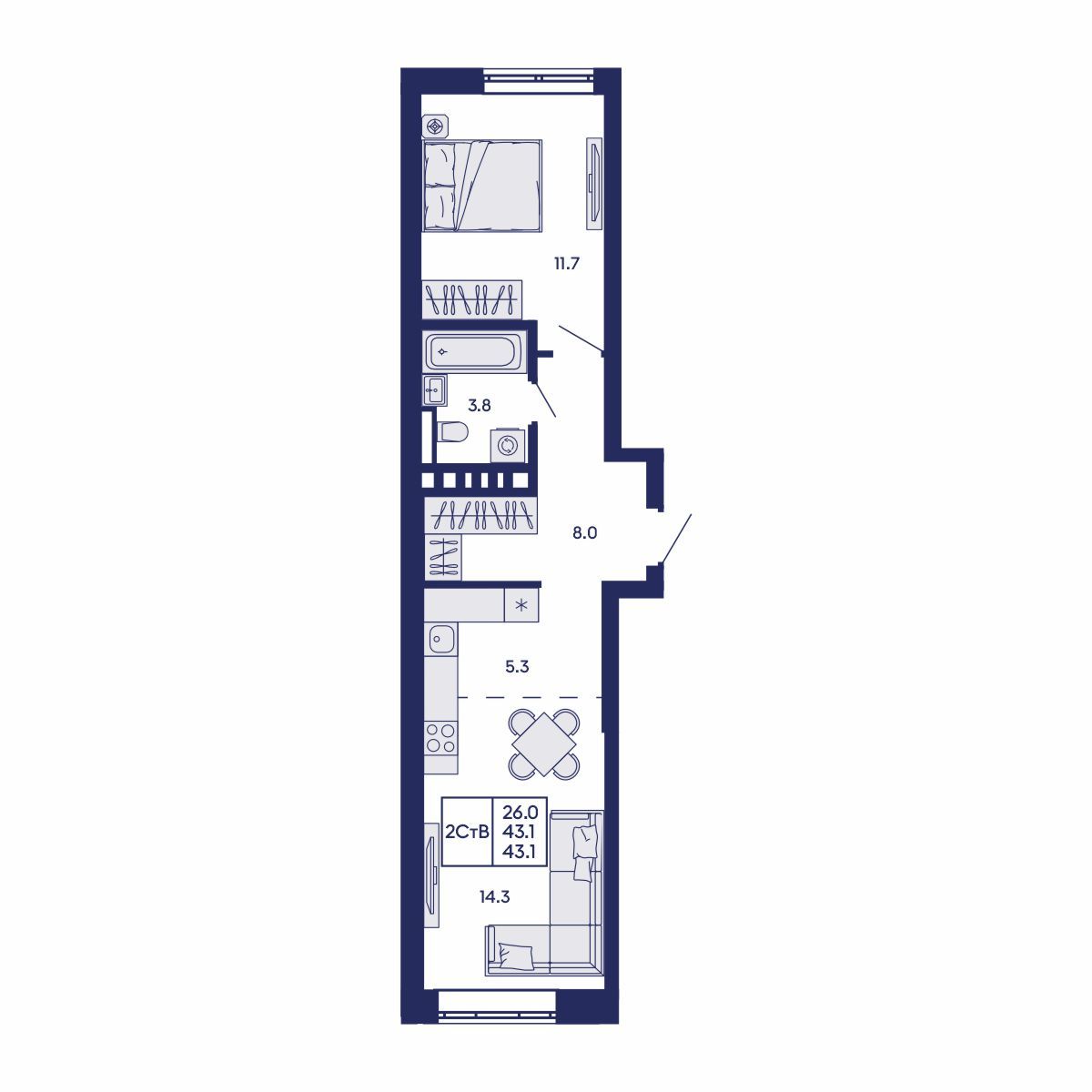 2-комнатная, 43.1 м², № 716 в GORIZONT (Горизонт)