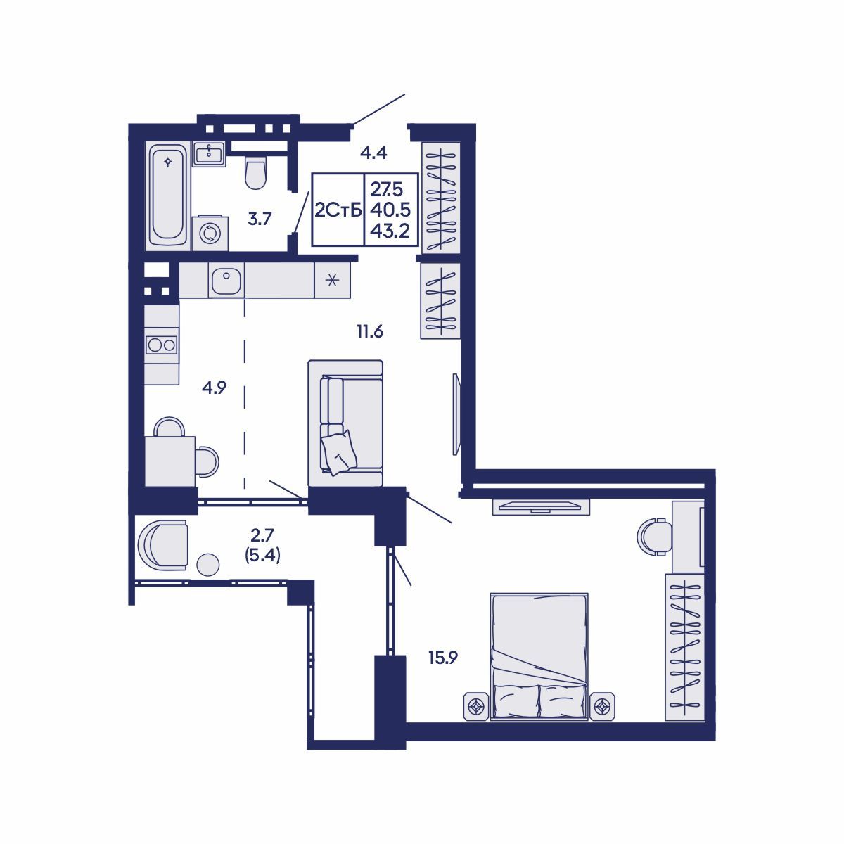 2-комнатная, 43.2 м², № 927 в GORIZONT (Горизонт)