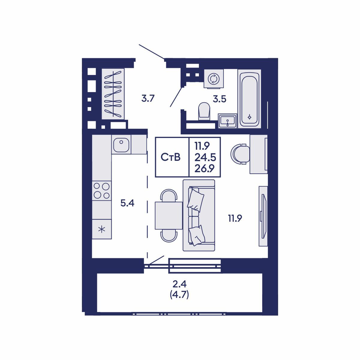 Студия, 26.9 м², № 701 в GORIZONT (Горизонт)