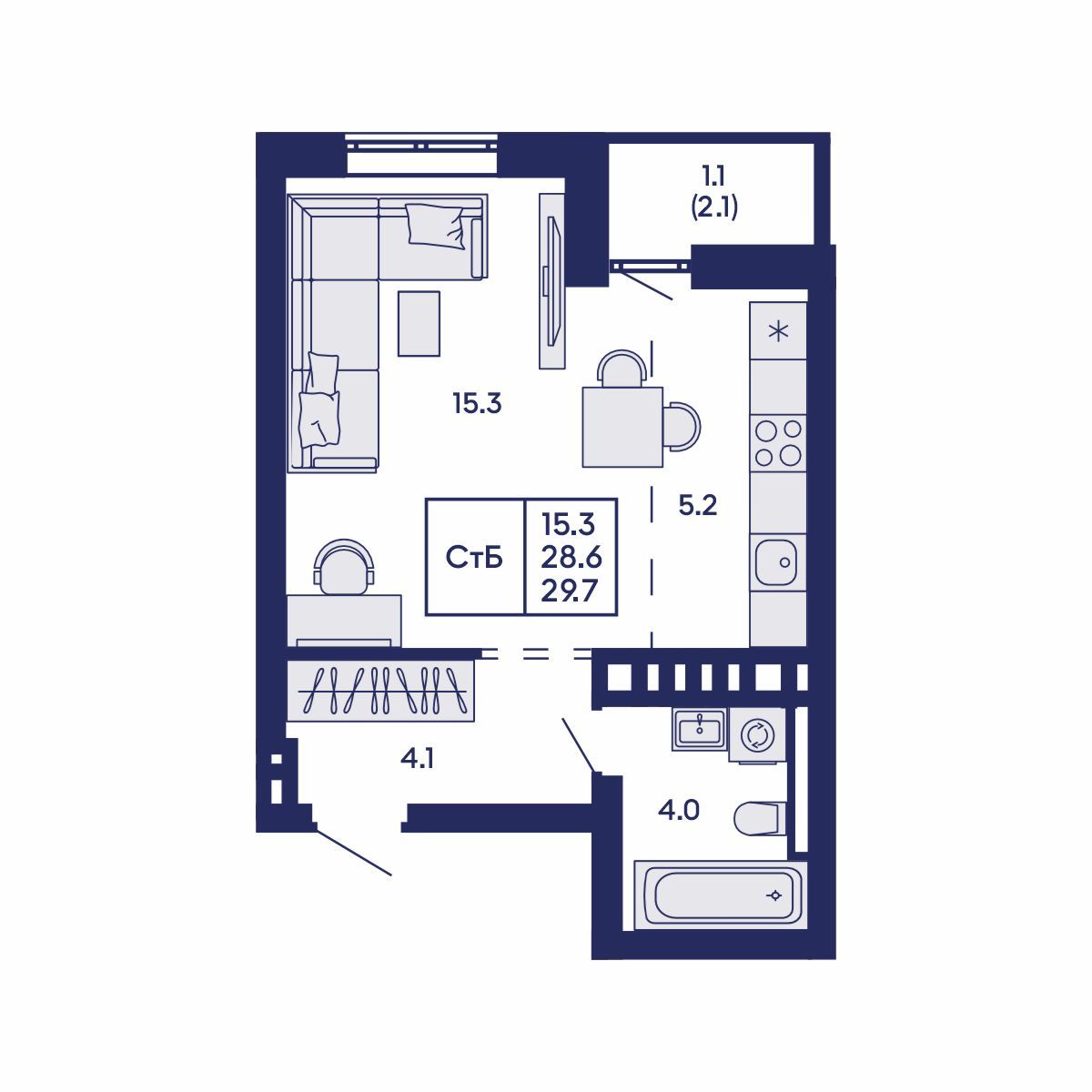 Студия, 29.7 м², № 655 в GORIZONT (Горизонт)