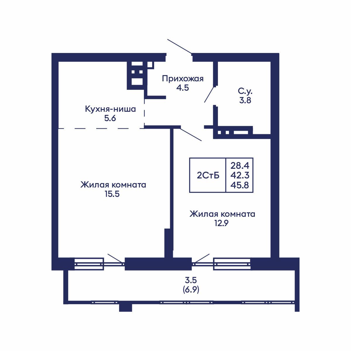 2-комнатная, 45.8 м², № 821 в GORIZONT (Горизонт)