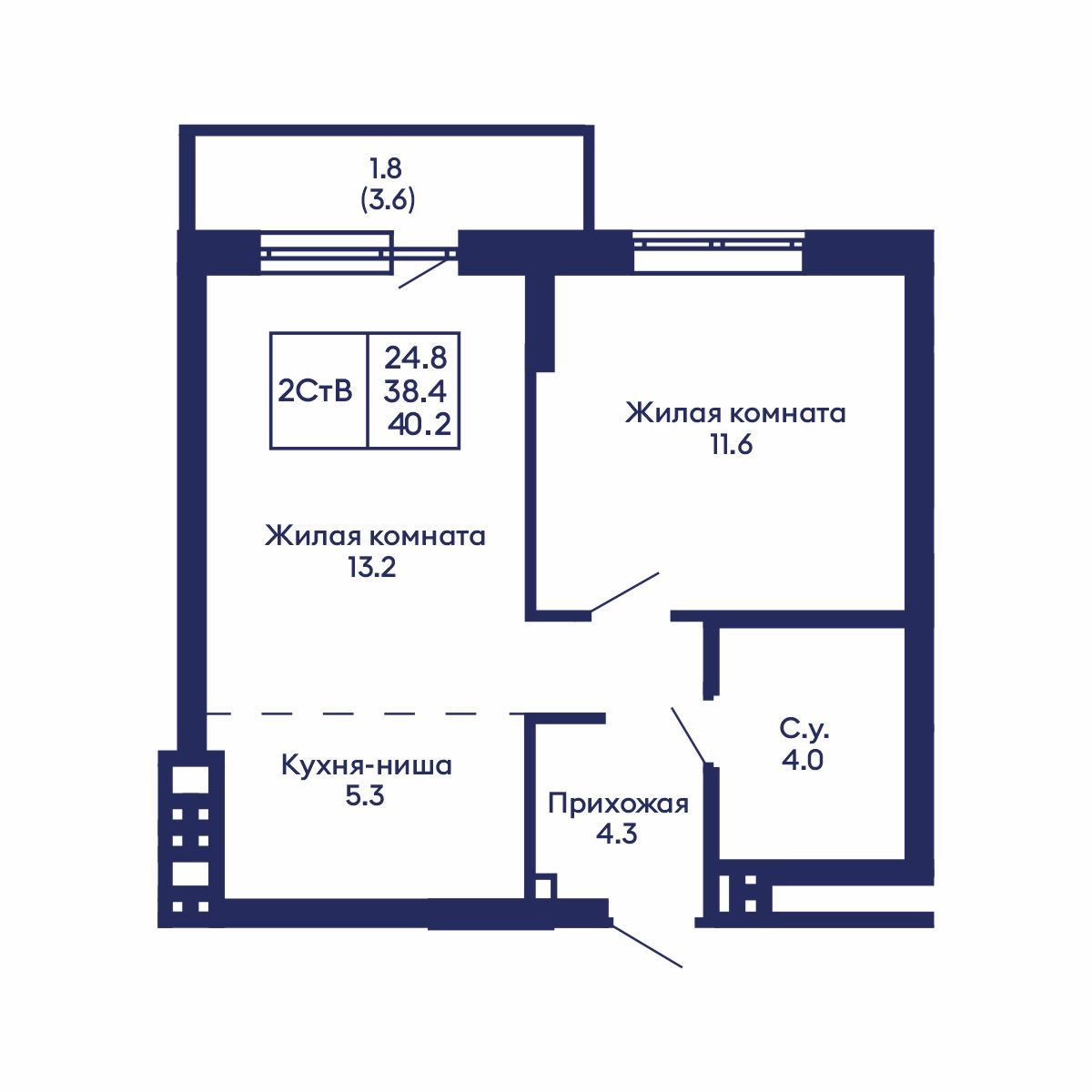 2-комнатная, 40.2 м², № 686 в GORIZONT (Горизонт)