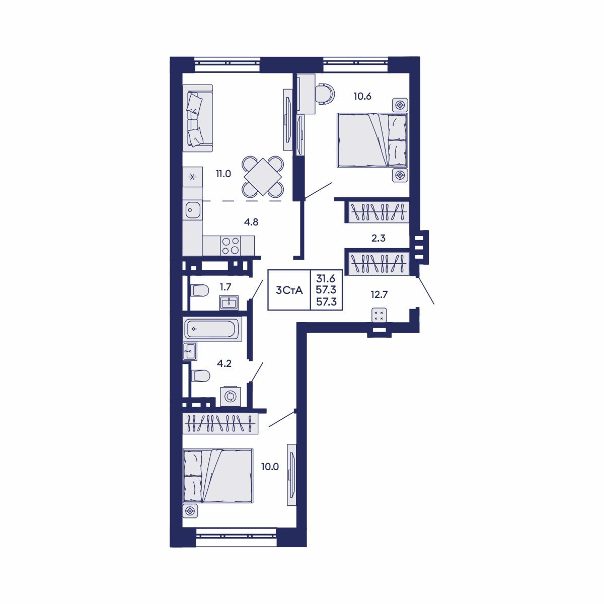 3-комнатная, 57.3 м², № 563 в GORIZONT (Горизонт)