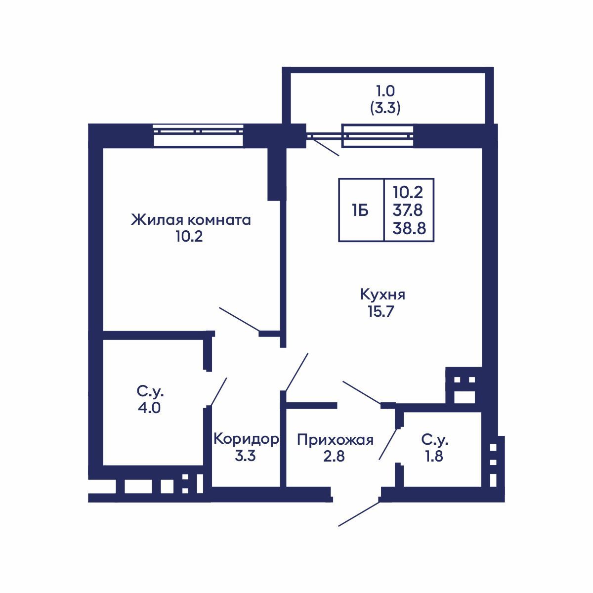 1-комнатная, 38.8 м², № 698 в GORIZONT (Горизонт)
