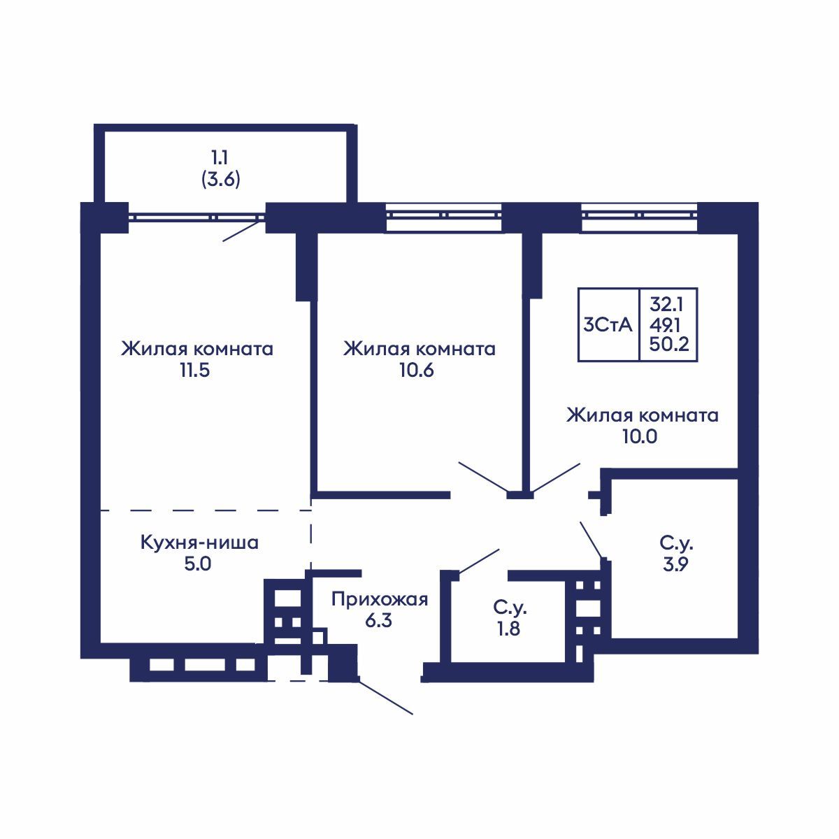 3-комнатная, 50.2 м², № 823 в GORIZONT (Горизонт)