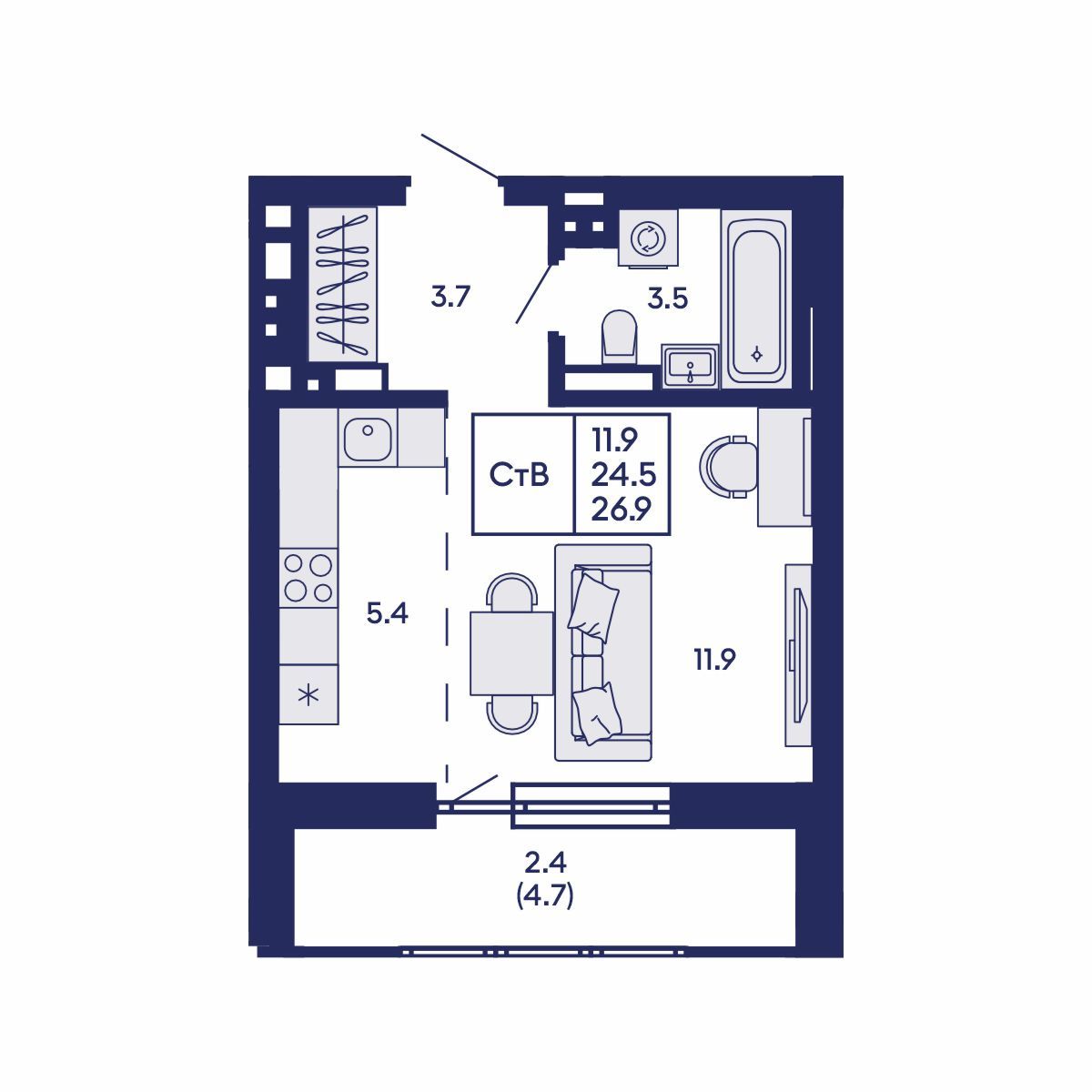 Студия, 26.9 м², № 690 в GORIZONT (Горизонт)
