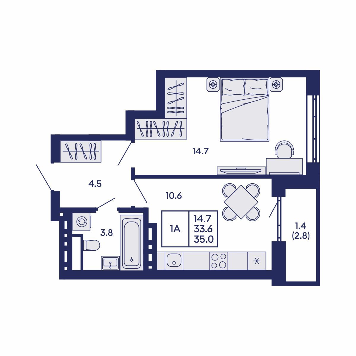 1-комнатная, 35 м², № 910 в GORIZONT (Горизонт)