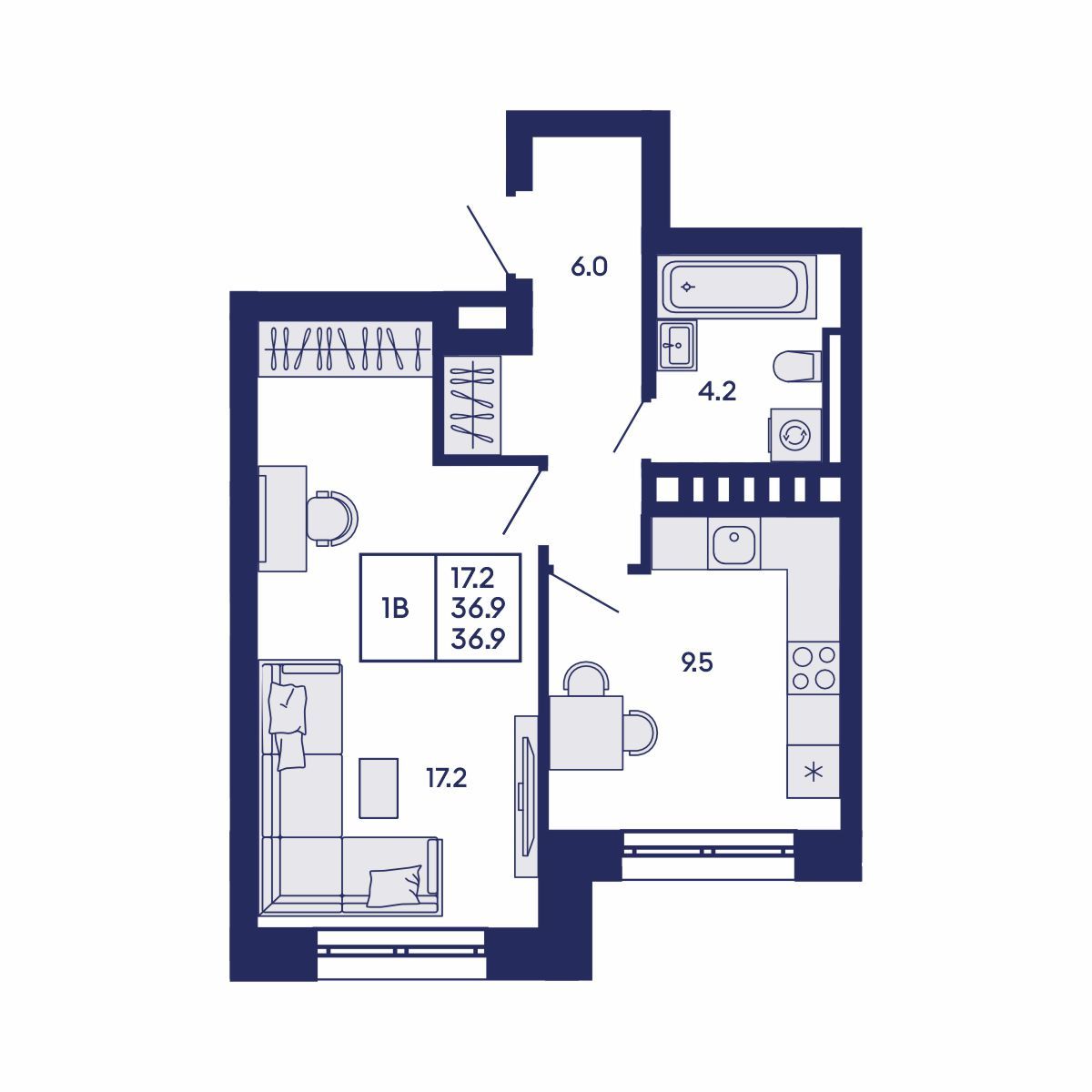 1-комнатная, 36.9 м², № 568 в GORIZONT (Горизонт)