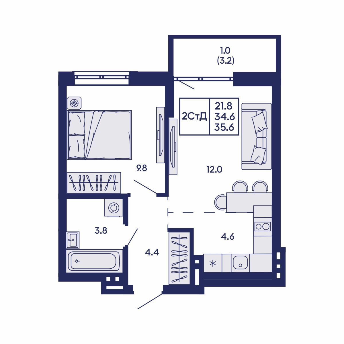 2-комнатная, 35.6 м², № 808 в GORIZONT (Горизонт)