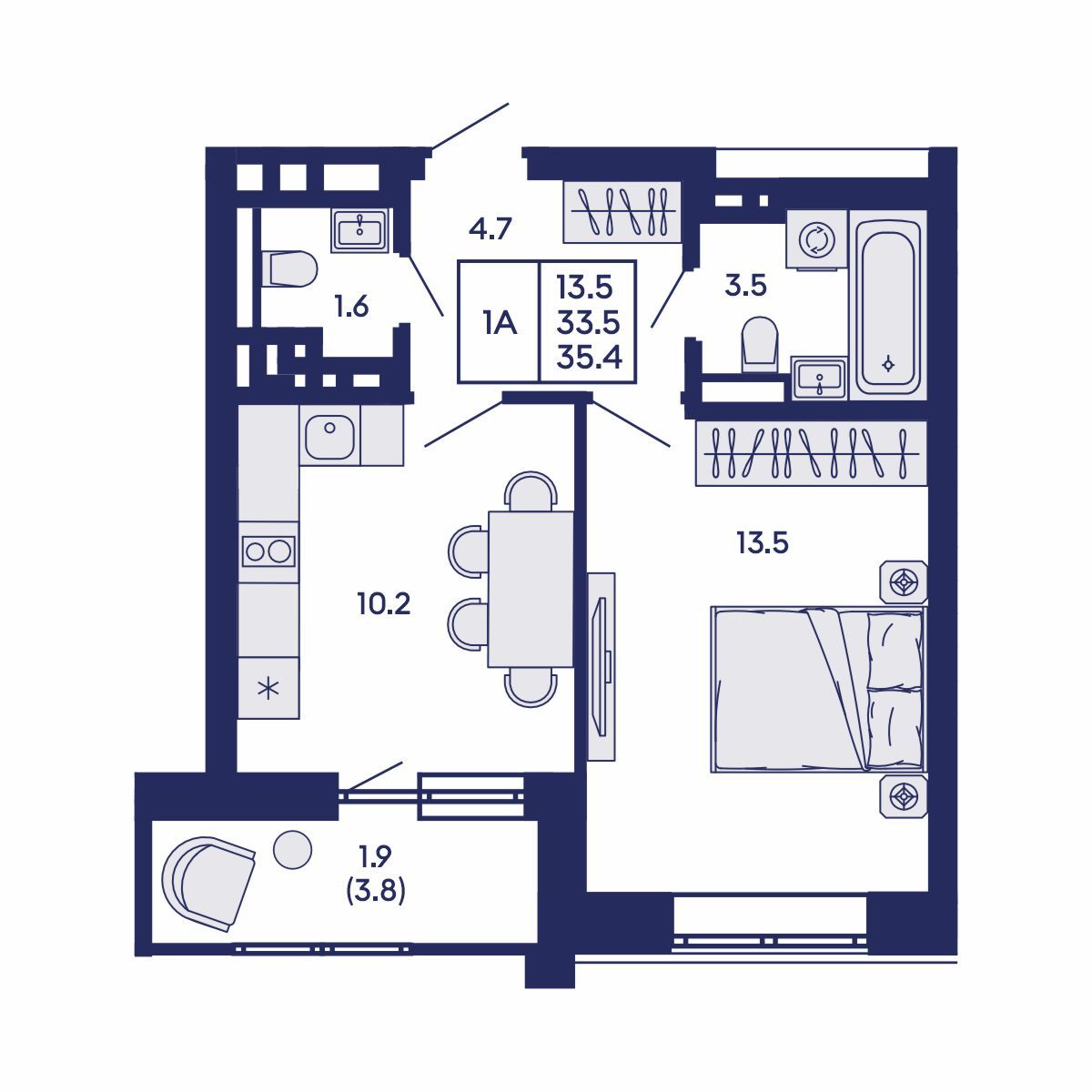 1-комнатная, 35.4 м², № 615 в GORIZONT (Горизонт)