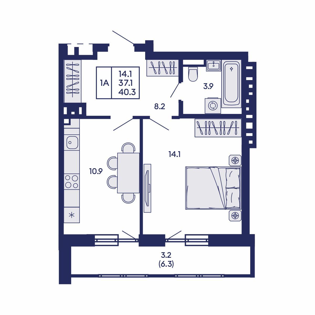 1-комнатная, 40.3 м², № 729 в GORIZONT (Горизонт)